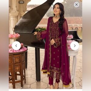 Pakistani Indian Bollywood Maroon Embroidered 3 pc outfit kurta kameez